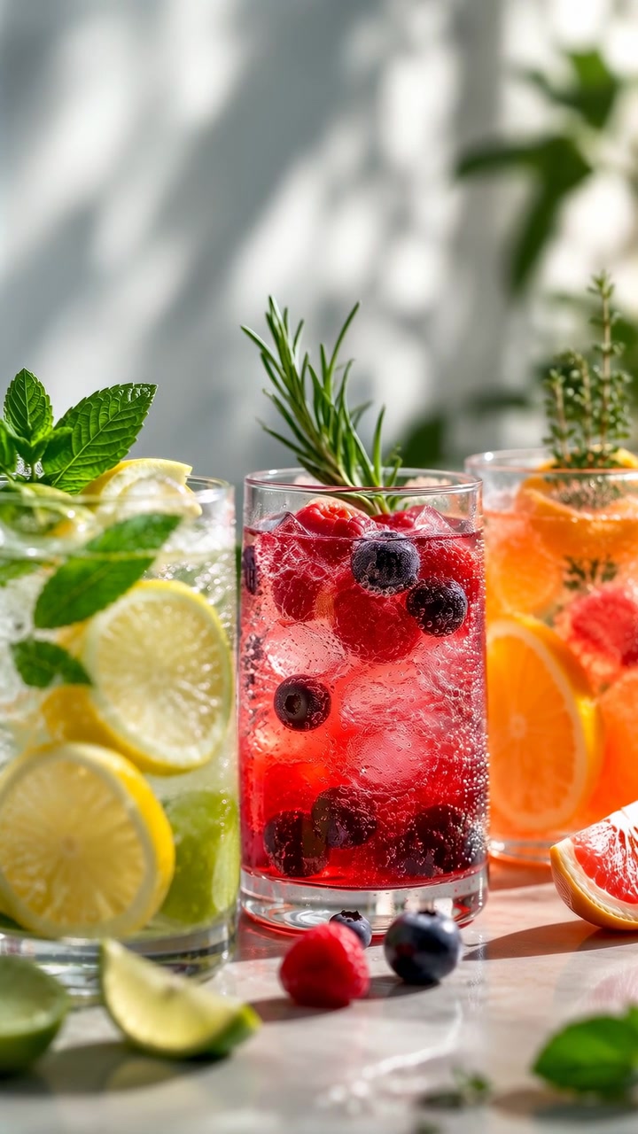 Tre bevande fredde brillano alla luce del sole, con bacche rosse al centro tra bevande agrumate al limone-lime e all'arancia, erbe fresche, cubetti di ghiaccio, spicchi di frutta e delicate ombre di foglie