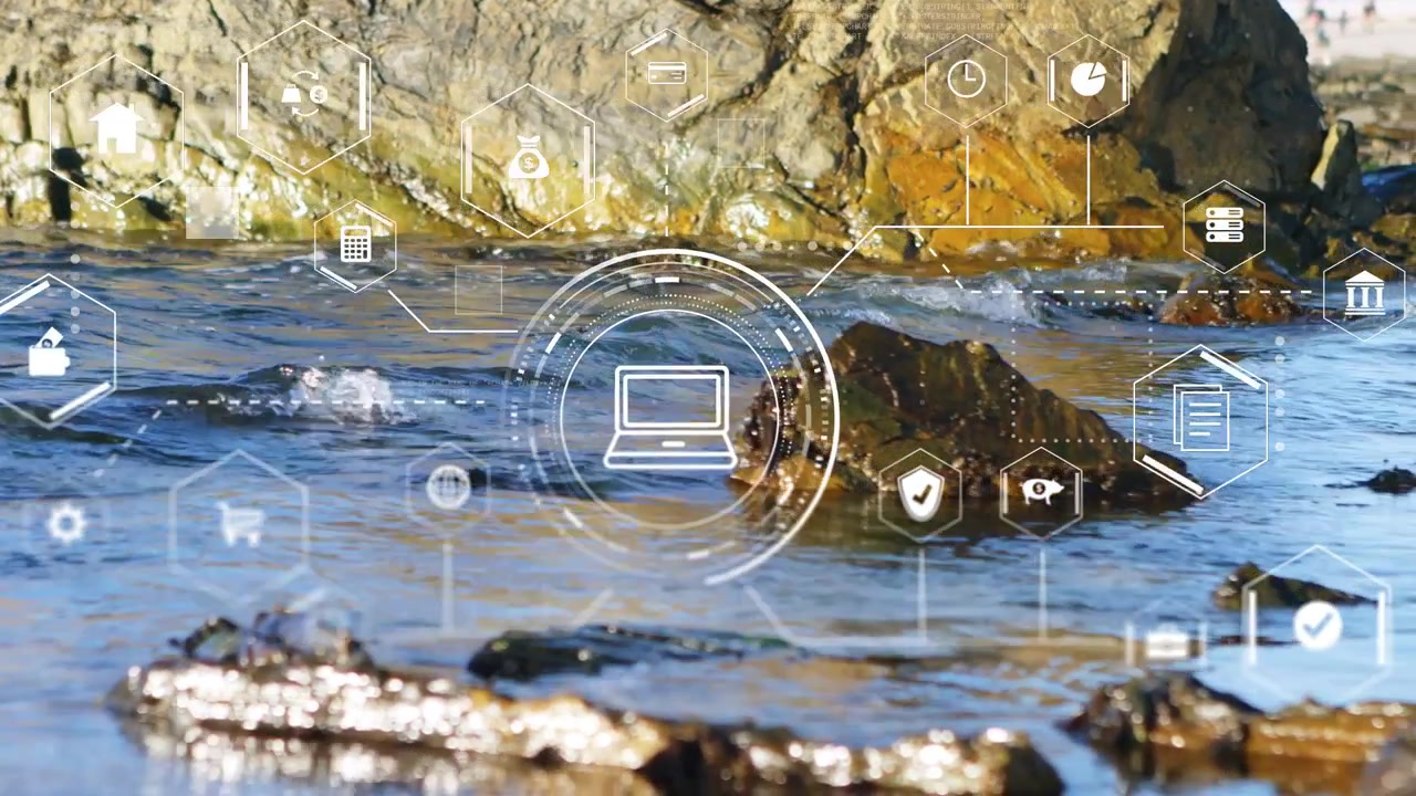 Faint circle appearing over water, digital overlay growing and pulsing to visualize network data