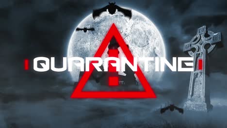 animation of quarantine covid 19 text over bats and moon