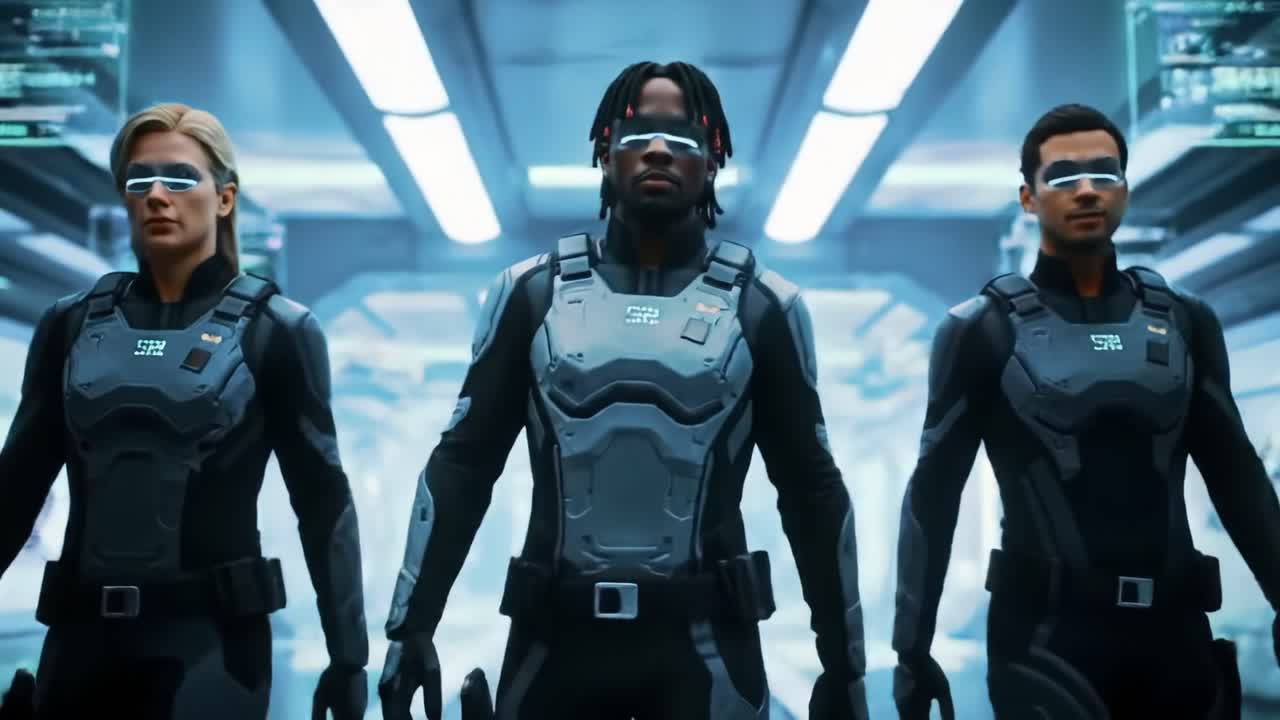 Futuristic Security Team in a Spaceship Corridor