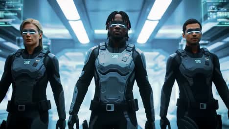 futuristic security team in a spaceship corridor