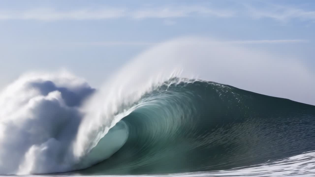 Building deep ocean swell forming curling wave barrel near horizon, with white sea foam