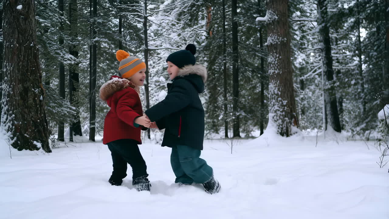 Children playing in the snowy winter forest