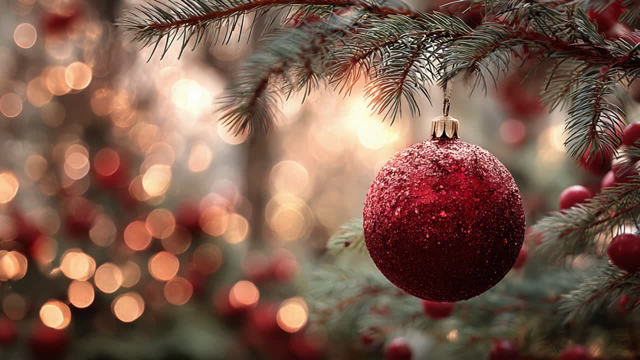 Un viaggio attraverso la bellezza scintillante di una decorazione natalizia appesa a un ramo sempreverde, che cattura lo spirito festivo delle feste