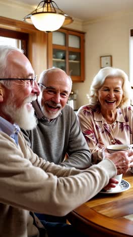 seniors enjoying breakfast in a home kitchen.