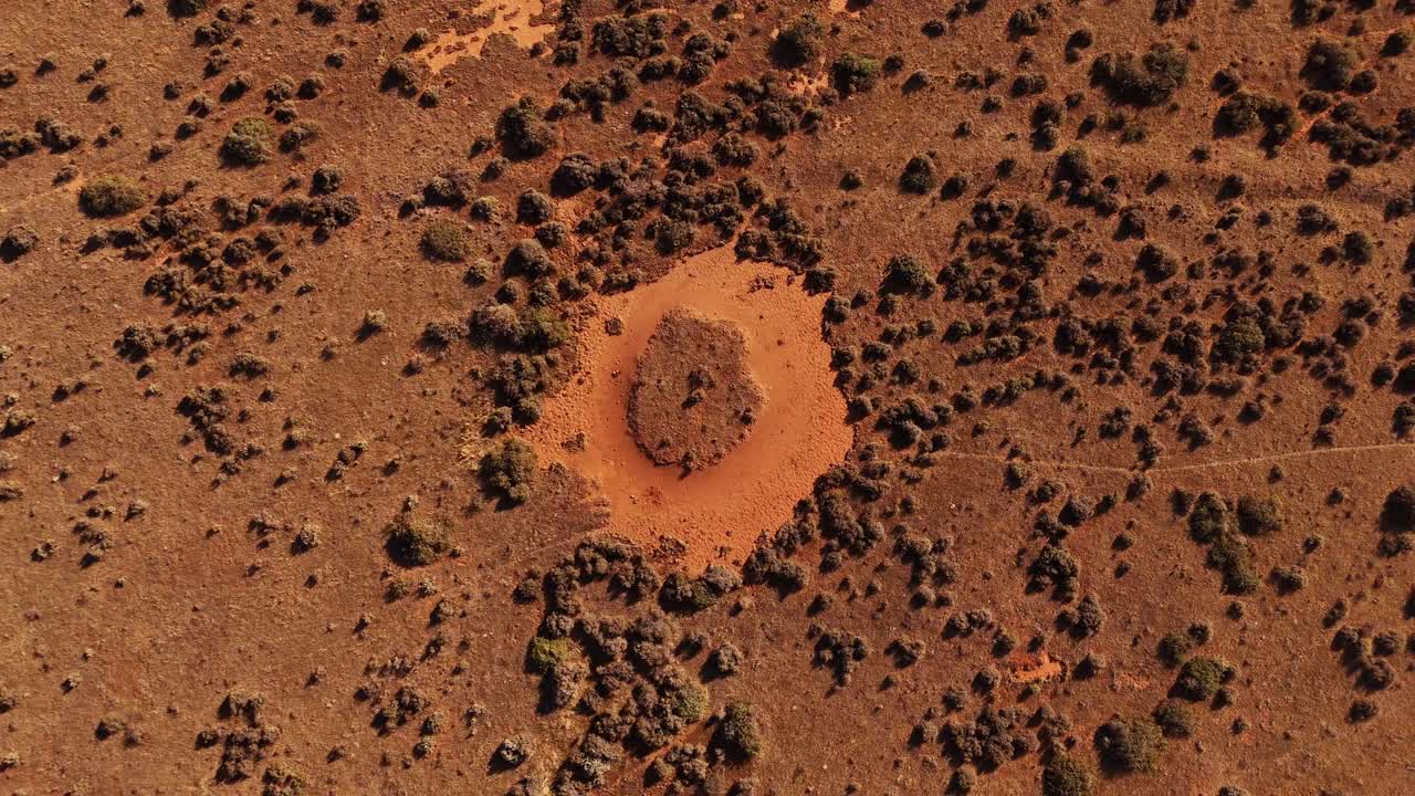 Formazione circolare al suolo a Hay Plains, circondata da arbusti secchi e vegetazione sparsa in un'area remota, ripresa aerea dall'alto