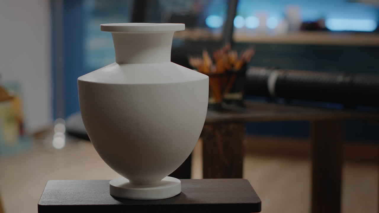 Close up of white vase on table in artwork studio at home
