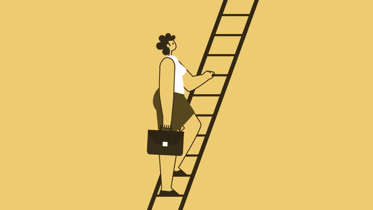 Yellow Style Woman with Briefcase Flat Character Climbing Up the Ladder. Isolated Loop Animation with Alpha Channel