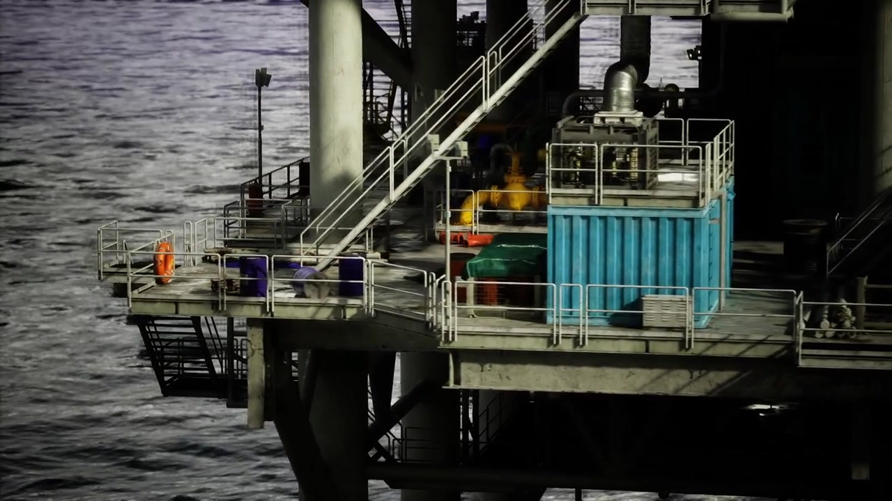 Tekniker betjener hejseværk midt mellem rørføring og støttebjælker på offshore-boreplatform
