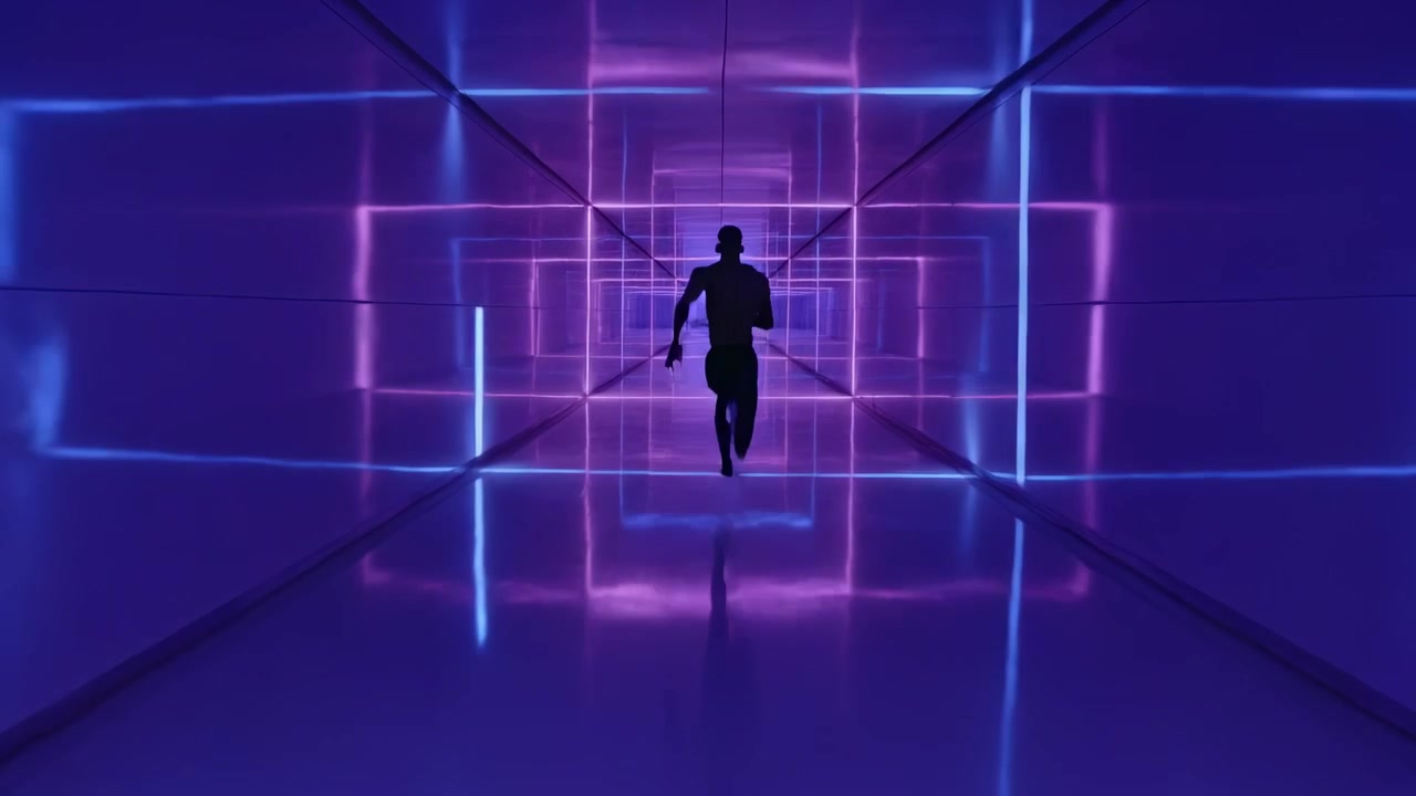 Corridore a torso nudo con pantaloncini scuri che scatta ed entra in un tunnel al neon, passando cornici al neon e pannelli a specchio.