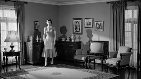 housekeeper in a 1950s living room