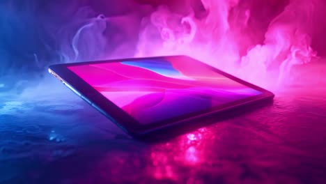 futuristic tablet in neon smoke