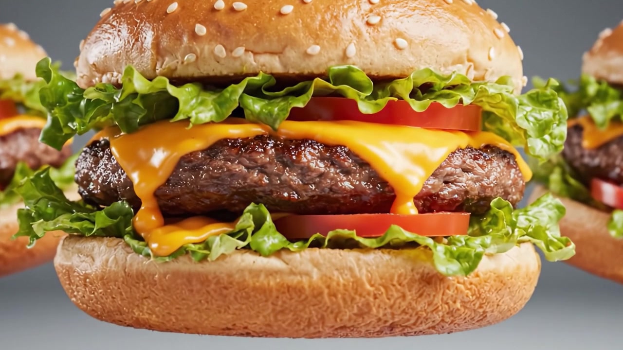 Un delizioso trio di cheeseburger succosi che fluttuano a mezz'aria, mettendo in mostra ingredienti freschi e strati di sapore appetitosi in una presentazione accattivante.