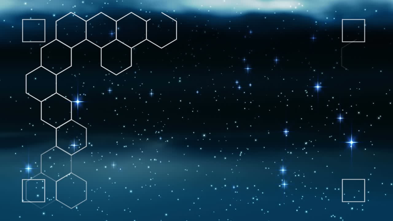 Animation of glowing multiple green hexagons with white frame over glowing stars on night sky