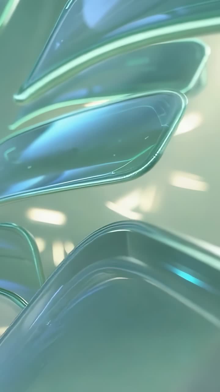 Vertical video: On start curved panels floating into teal backdrop, tilting and revealing layers