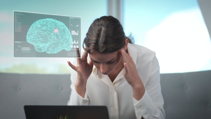 Giovane donna d'affari di successo lavora esausta con mal di testa davanti allo schermo del laptop.