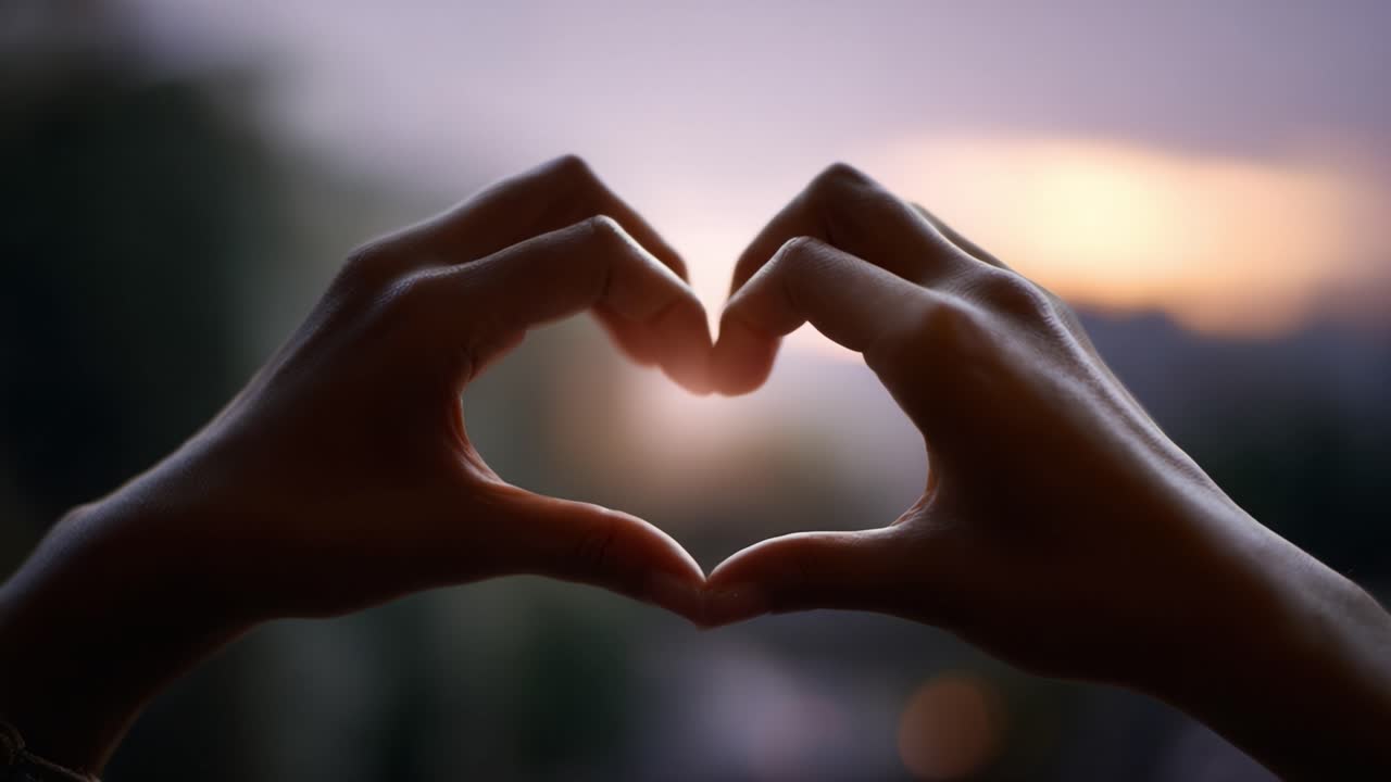 A Romantic Gesture: Two Hands Forming a Heart Shape Against a Beautiful Sunset Ambiance, Symbolizing Love, Connection, and Affection in Nature's Glow