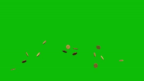 monedas de oro lanzadas desde el lado izquierdo y cayendo hacia abajo, jackpot, en pantalla verde animación 3d