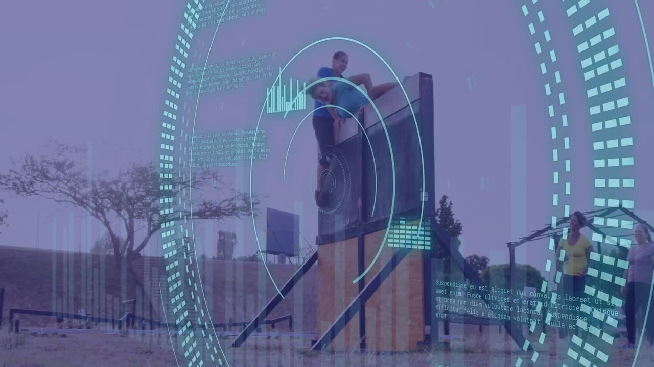 animación del procesamiento de datos sobre mujeres diversas en la escalada de obstáculos