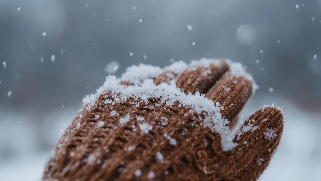 Catching brown knitted gloved hand cupping palm-up outdoors in light snowfall, accumulating snow