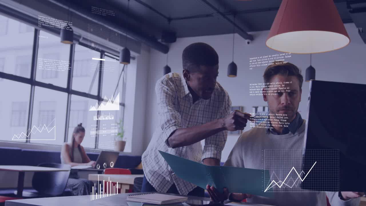 Standing man pointing at screen and paper, data overlays emerging into business charts for analysis