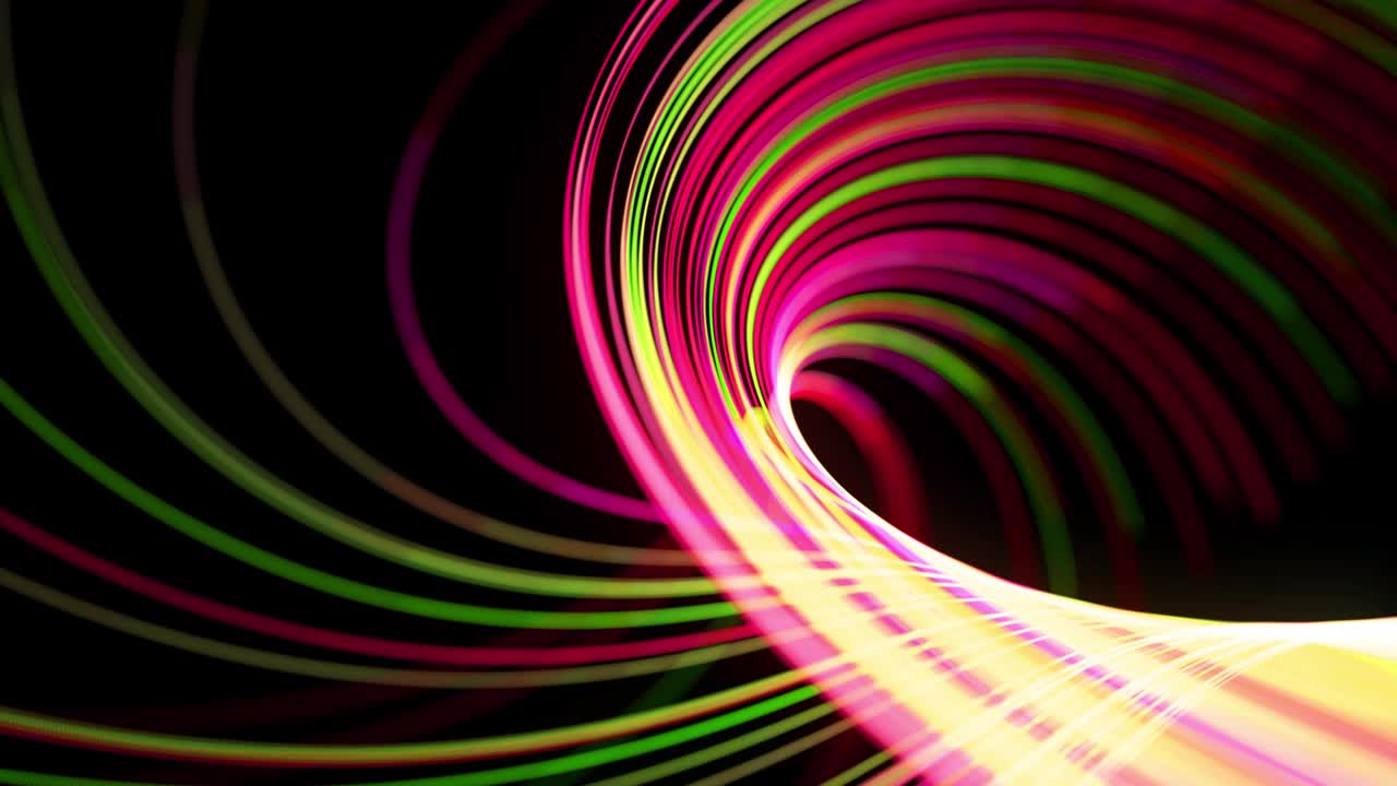 Light flow bg in 4k. Abstract looped background with light trails, stream of green red yellow neon lines in space move to form spiral shapes. Modern trendy motion design background light effect