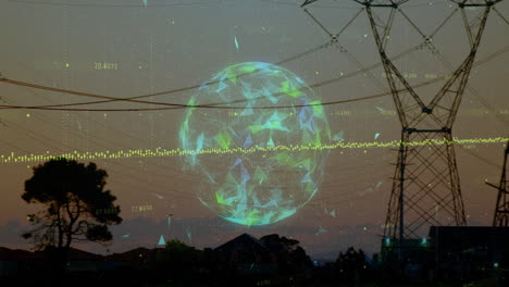digital globe and data animation over power lines and evening sky