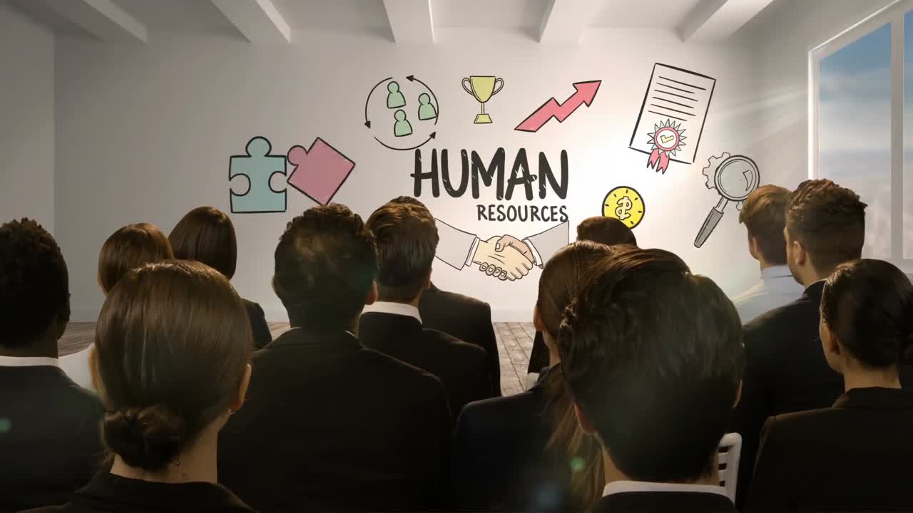 사업가 들 이 인적 자원 을 보여 주는 디지털 스크린 을 보고 있다