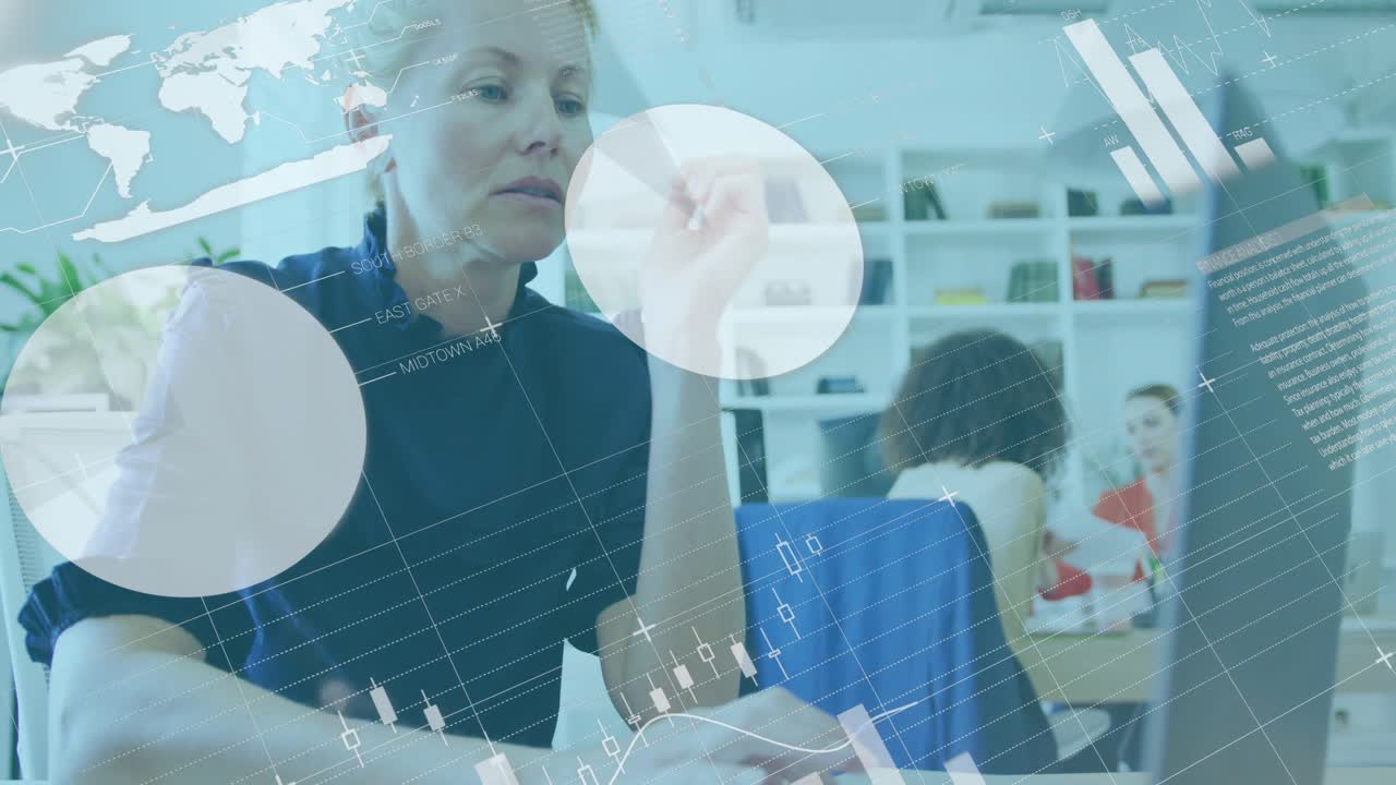 Animation of infographic interface over caucasian woman typing on keyboard of desktop in office