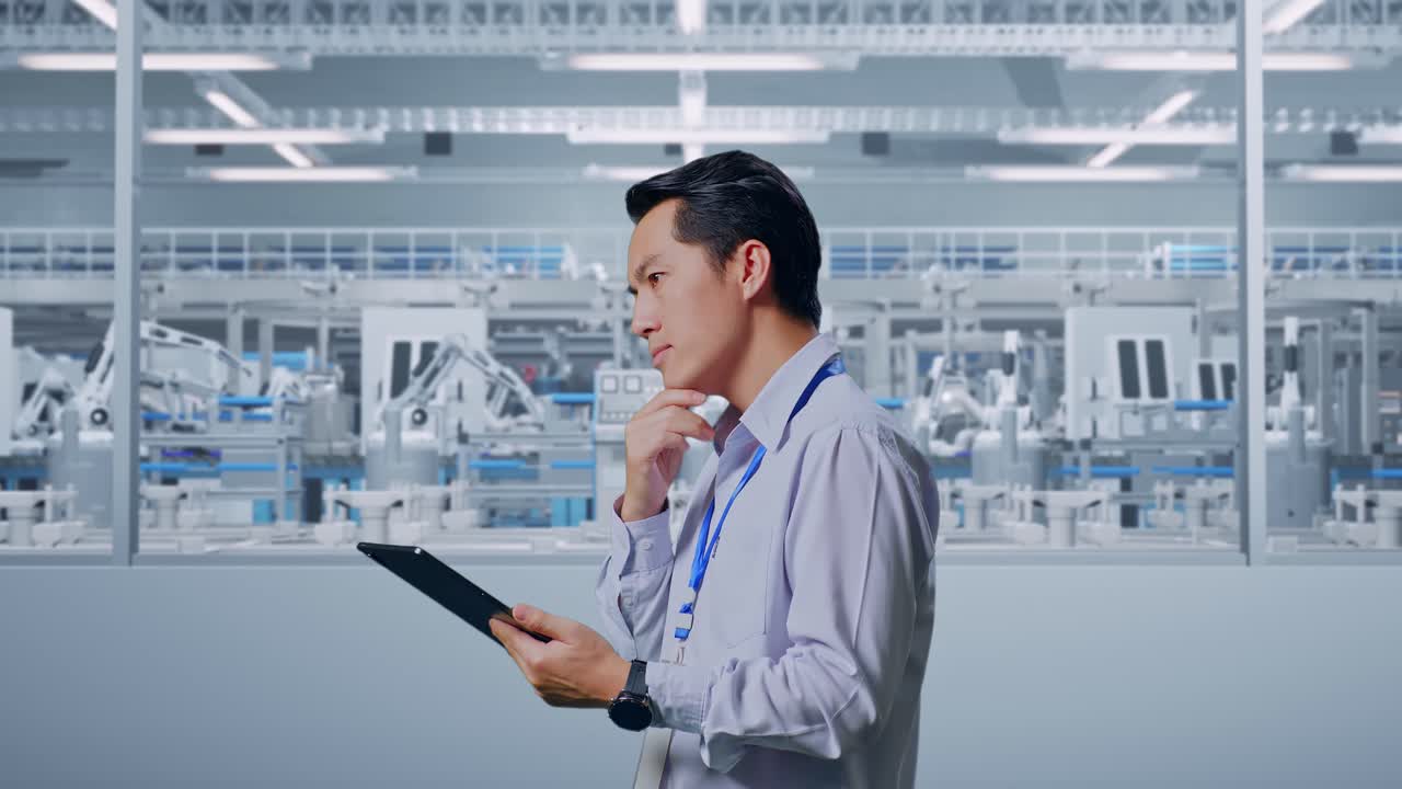 Side View Of An Asian Male Professional Worker Standing At Factory Digitalization, Observes By Looking Up Before He Come To Concentrating On The Tablet And Keep On Checking