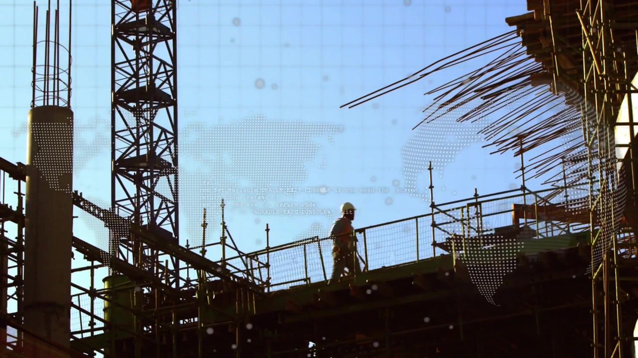 Crane crossing, construction worker checking rebar walking preparing slab grid marking rods