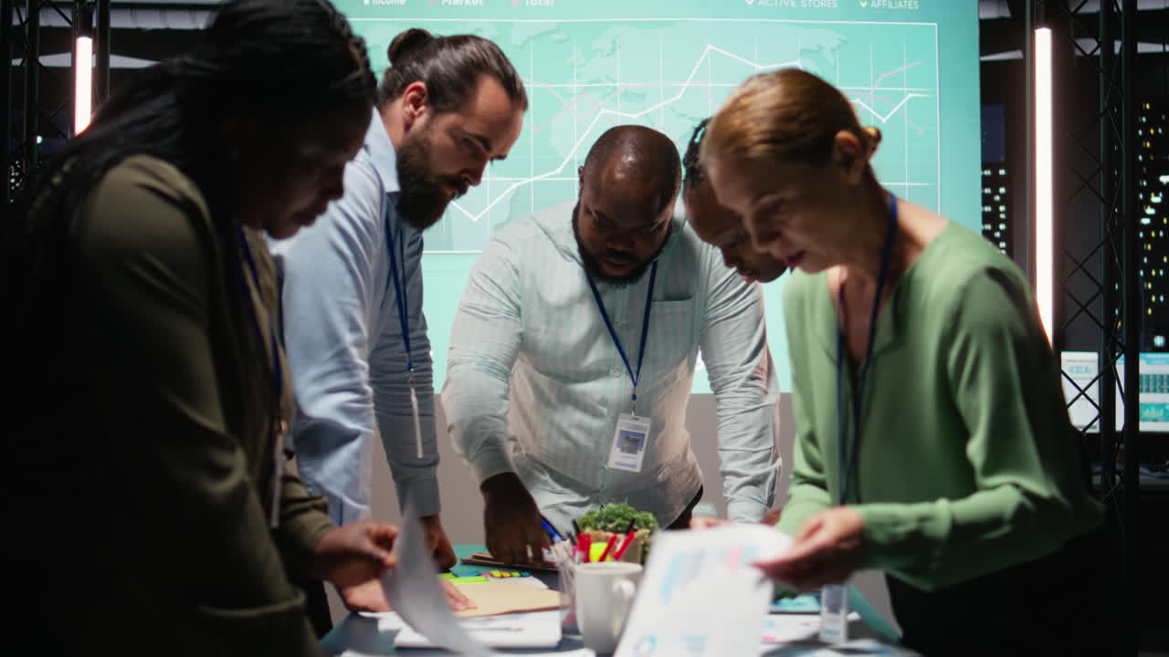 Enterprise advisory board meeting late at night to assess risks