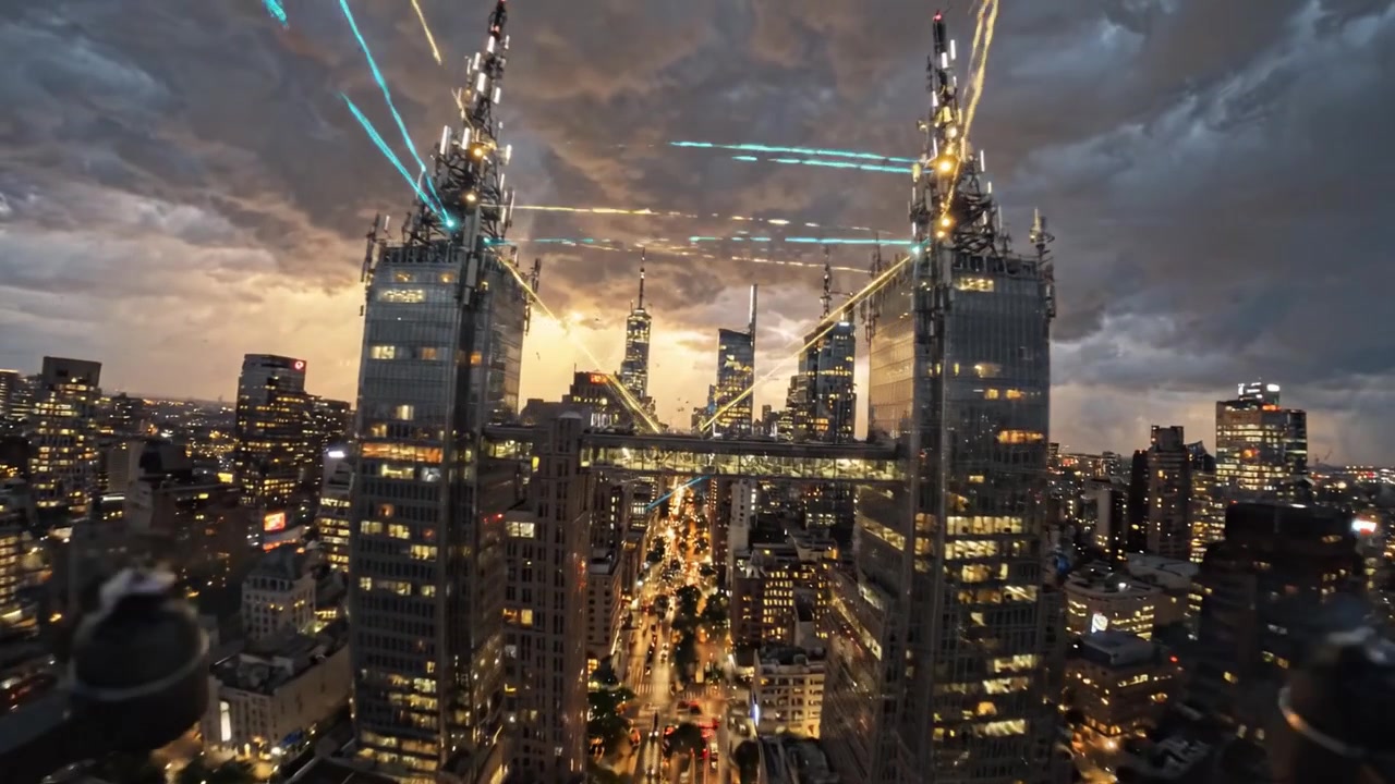 Dramatic Urban Skyline at Dusk Featuring Illuminated Buildings and Thunderous Clouds Over a Bustling Cityscape with Glowing Streets and Towering Skyscrapers