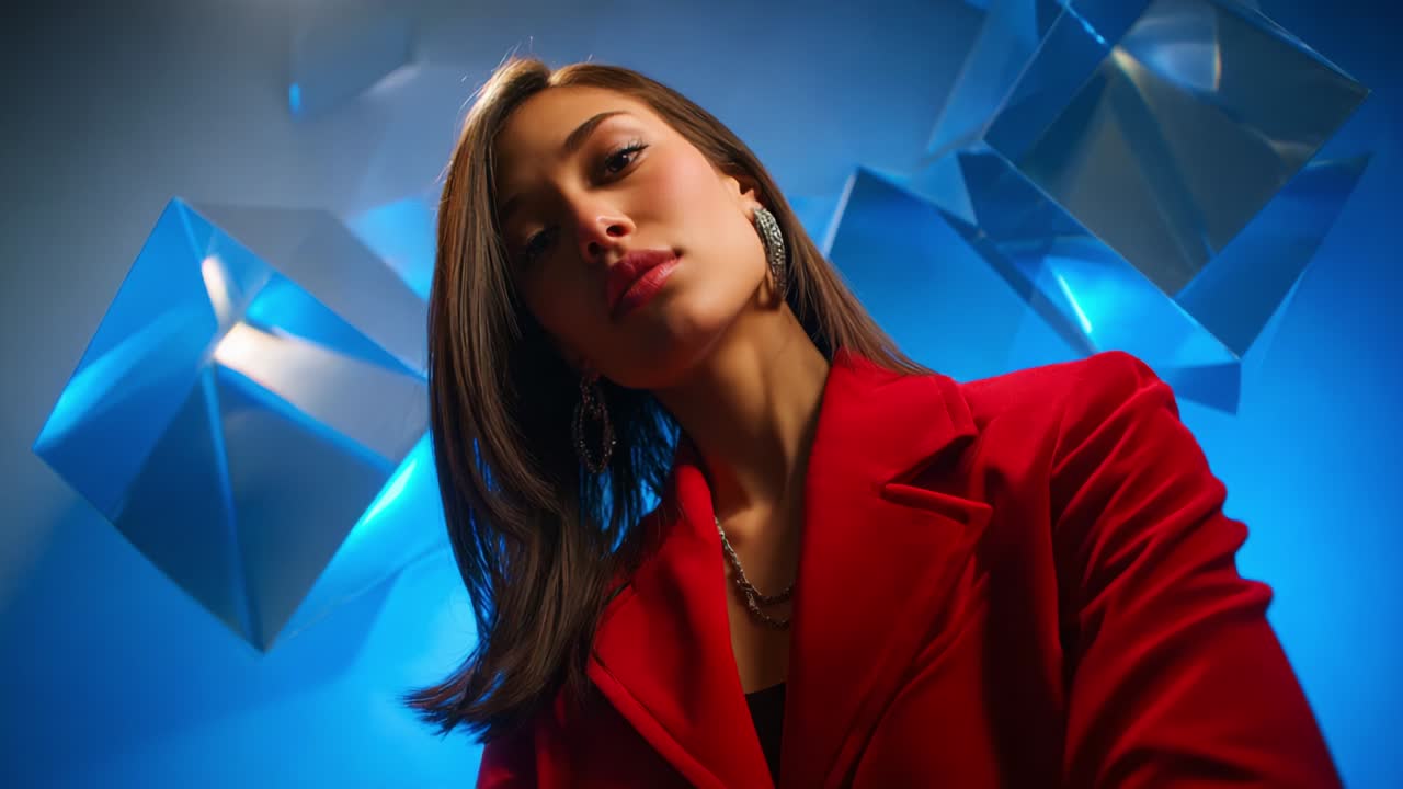 A Stunning Portrait of a Confident Woman in a Red Blazer Against a Blue Background Surrounded by Geometric Shapes, Highlighting Modern Fashion, Style, and Elegance in a Contemporary Setting