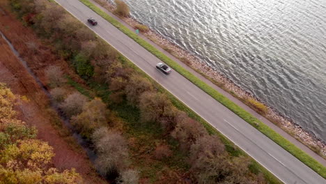 Conducción-De-Automóviles-En-La-Carretera-Entre-El-Mar-Y-El-Bosque-De-Schlei-En-Otoño,-Tiro-De-Seguimiento-Aéreo