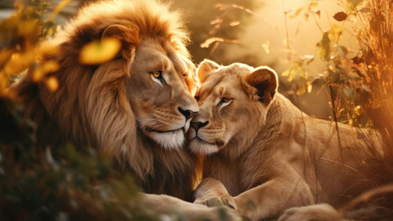 Warme, intieme videoscène van twee leeuwen die tegen elkaar aan kruipen, vastgelegd op ooghoogte