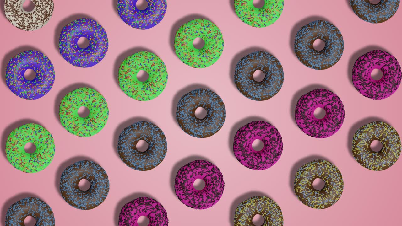 вкусные красочные глазурные и посыпанные пончики появляются и исчезают на розовом абстрактном фоне