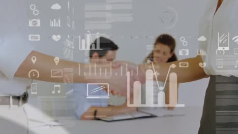 animación de estadísticas y procesamiento de datos sobre el apretón de manos de un empresario