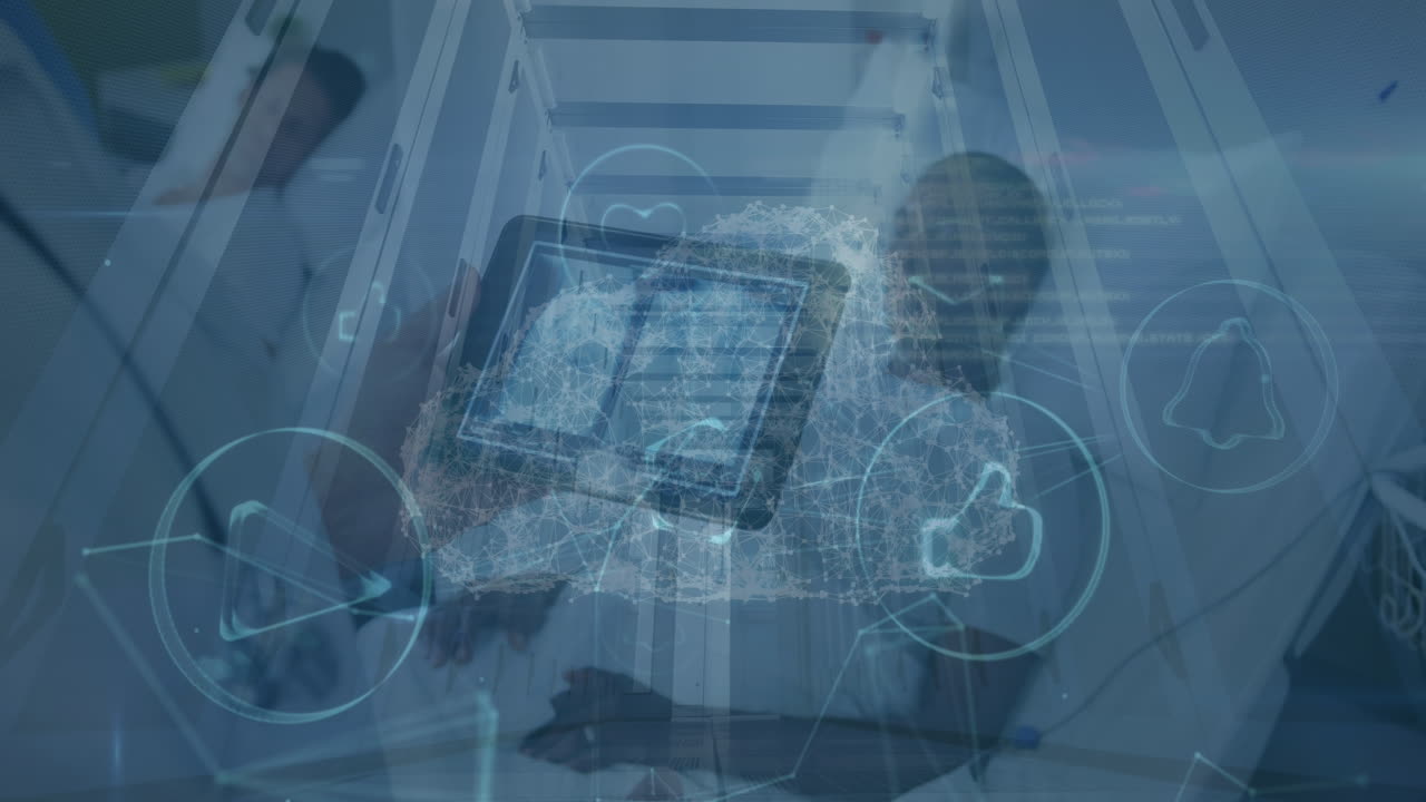 animación de nube digital e iconos sobre médico caucásico con tableta