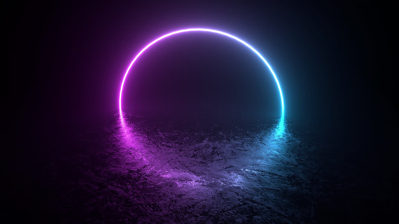 Halvt nedsænket abstrakt neonring over vand eller et vådt gulv, fantasibaggrund.