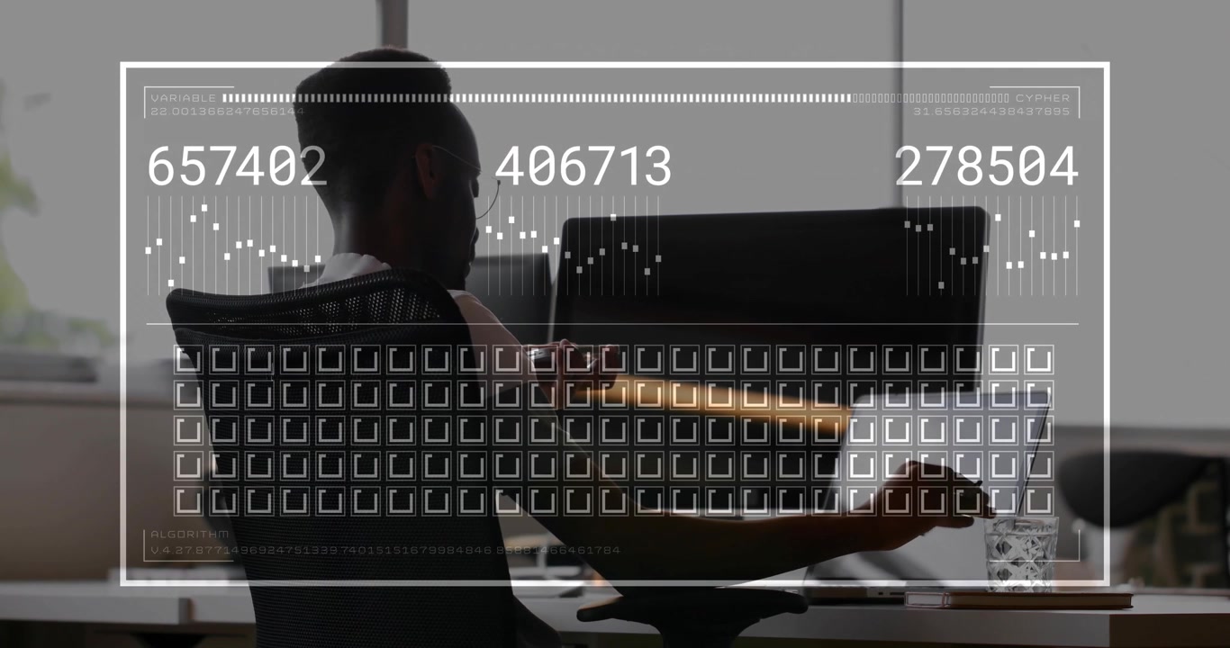 Man tapping stylus over laptop and activating HUD for tracking shifting data grids and waveform