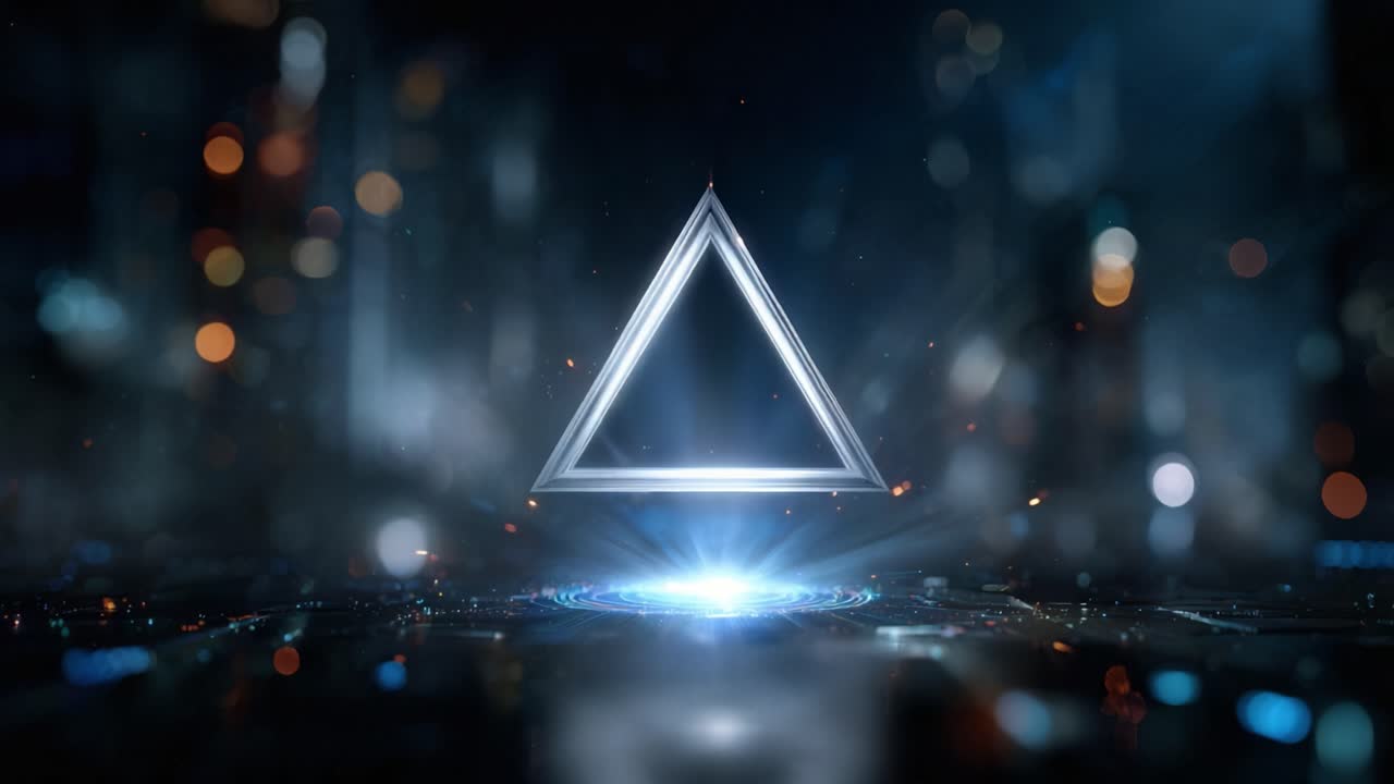 A captivating glowing triangle symbol emerges from a luminous circular base in a futuristic, high-tech environment, exuding mystery and intrigue in every frame
