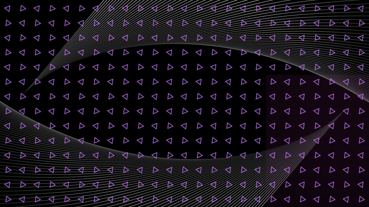 Animation of floating curved white line panels, over grid of turning purple triangles, on black