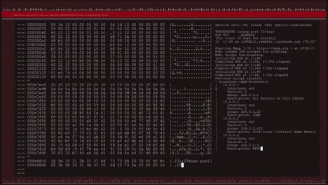 animación del procesamiento de datos en una pantalla de computadora negra y roja