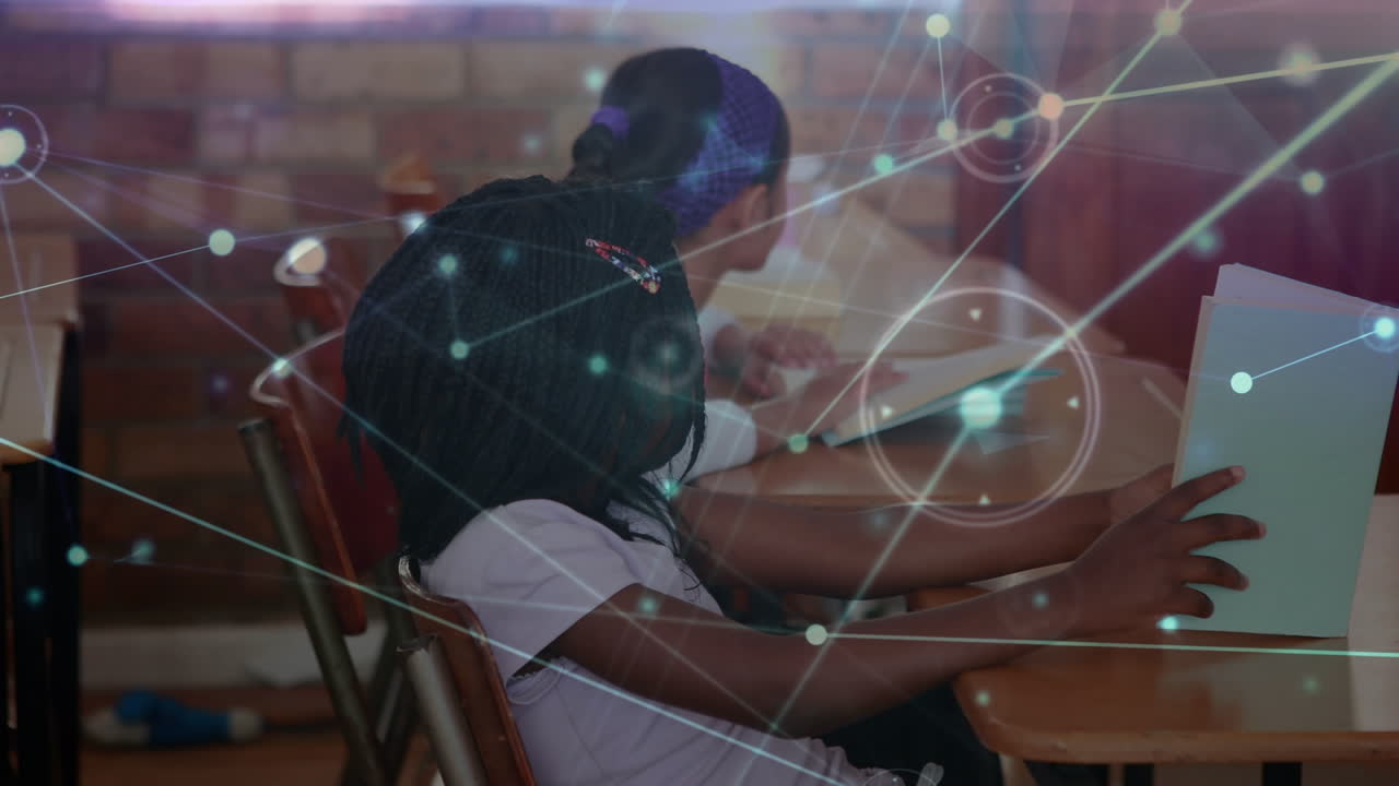Network of connections against african american girl studying in the class at school