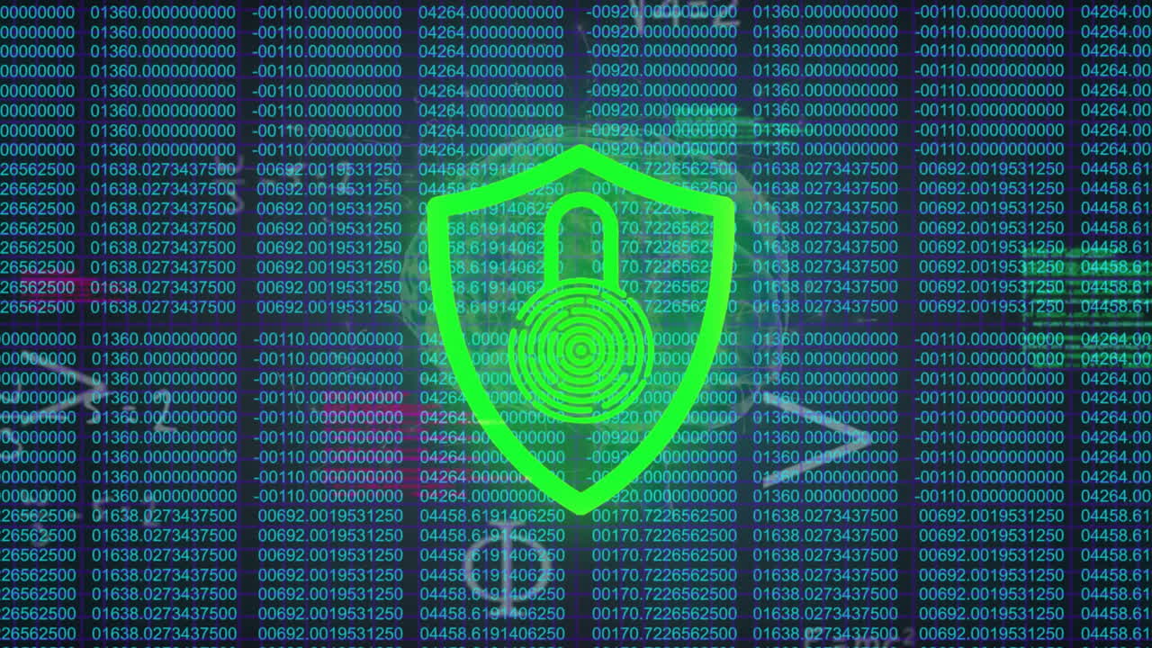 animación de ecuaciones matemáticas, candado en el escudo y números cambiantes sobre fondo negro