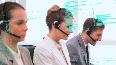 Animation-of-financial-data-processing-over-people-wearing-phone-headsets