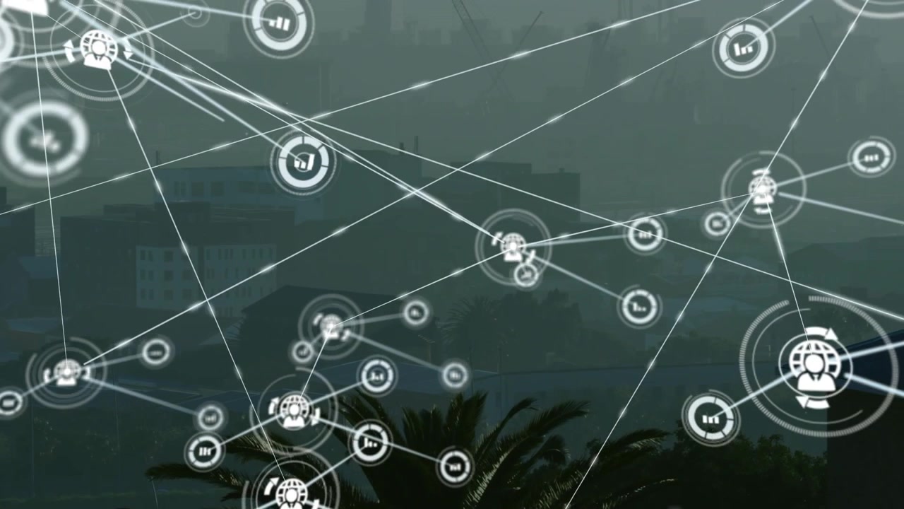 Teknisk netværksoverlejring udvider sig over altanens skyline, efter et centralt ikon dukker op og visualiserer forbindelser.