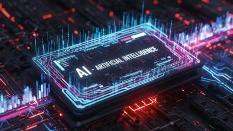 futuristic representation of artificial intelligence with high-tech visuals and data patterns, showcasing a digital interface filled with dynamic information and energy waves