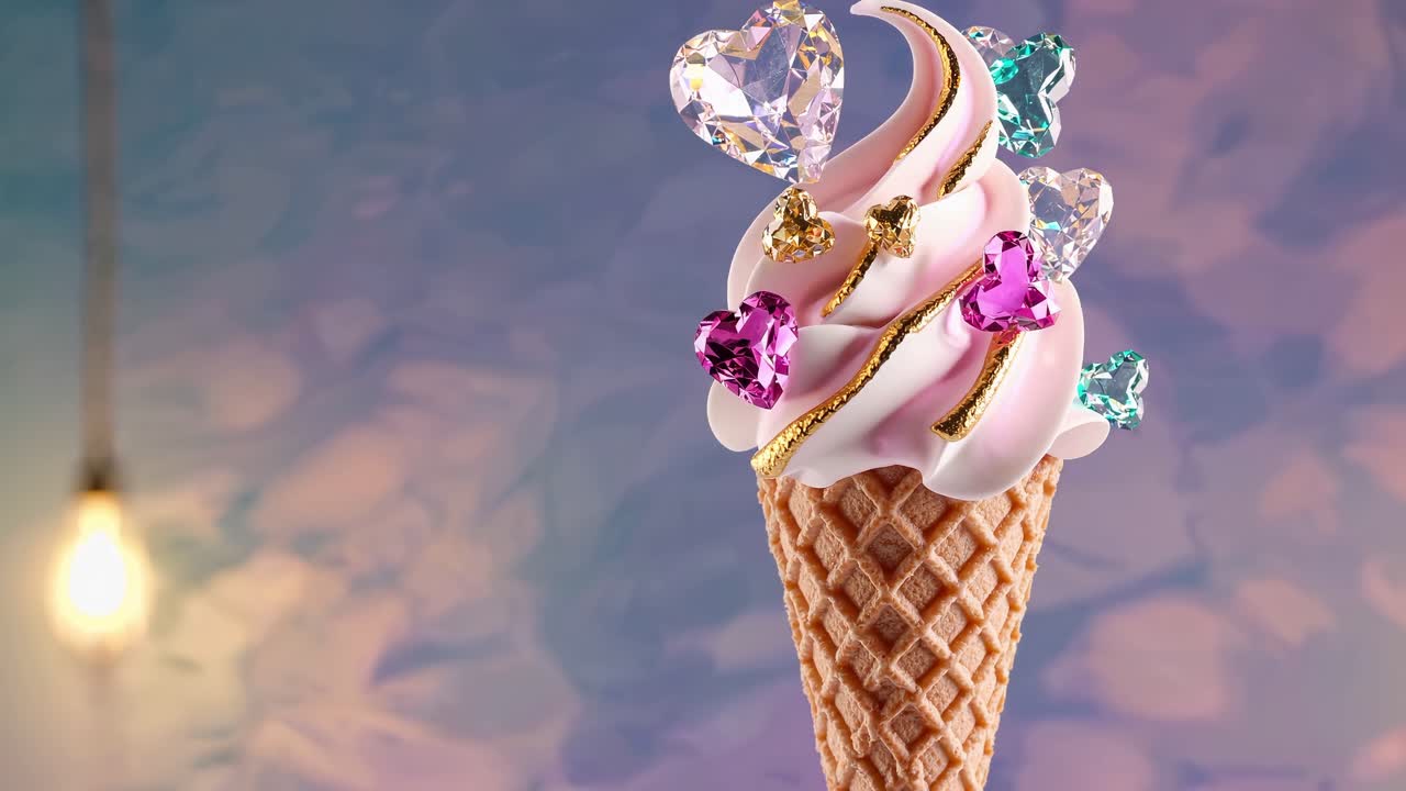 Delicious pink ice cream cone with crystal hearts and gold leaf decorations standing out against a dreamy cloudy background with a blurred light bulb, creating a magical and luxurious atmosphere